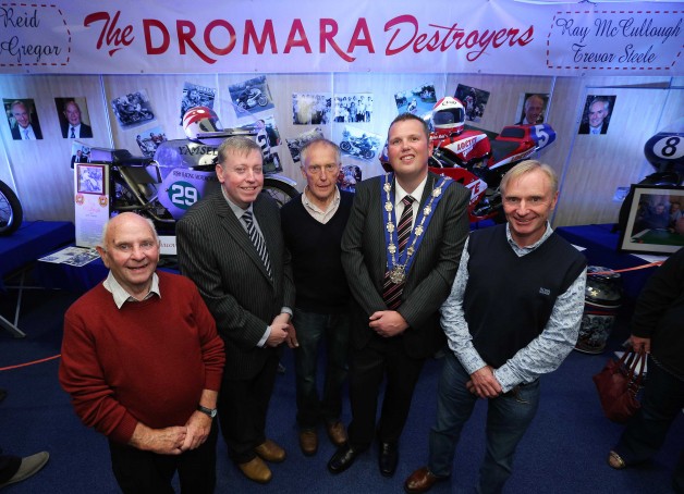 Lisburn City Council hosted a 'Night of Ulster Grand Prix' nostalgia at Lagan Valley Leisureplex this evening. Chairman of the Council's Leisure Services Committee, Alderman Paul Porter and Deputy Mayor Councillor Andrew Ewing met three of the 'Dromara Destroyers' at an exhibition featuring winning bikes from the Ulster Grand Prix over the years. Pictured left to right are: Ian McGregor, Alderman Paul Porter , Ray McCullough, Deputy Mayor Councillor Andrew Ewing and Brian Reid. The Exhibition runs at Lagan Valley Leisureplex until Tuesday 13th 2.00pm - 10.00pm. Picture by Kelvin Boyes / Press Eye.