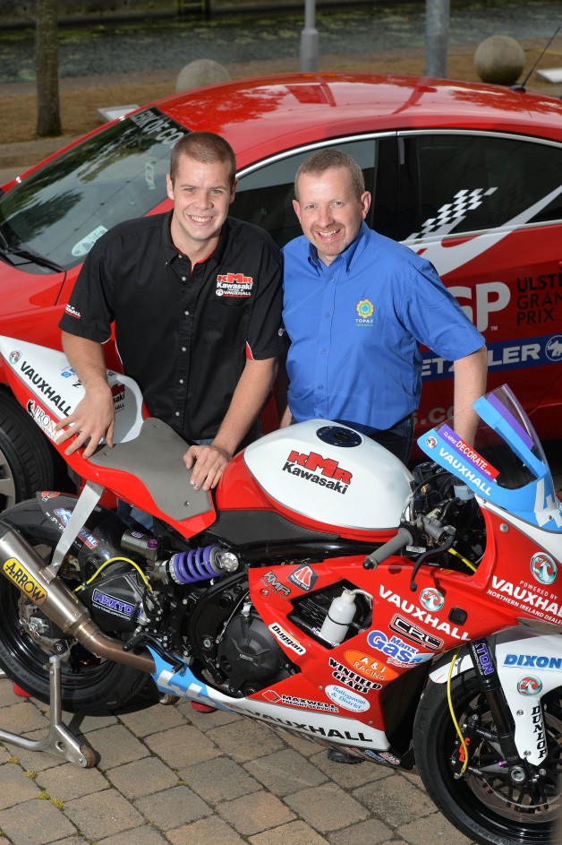 Jamie Hamilton with Gordon Stewart from Topaz Airport Road Filling Station, sponsor of the Dundrod 150.