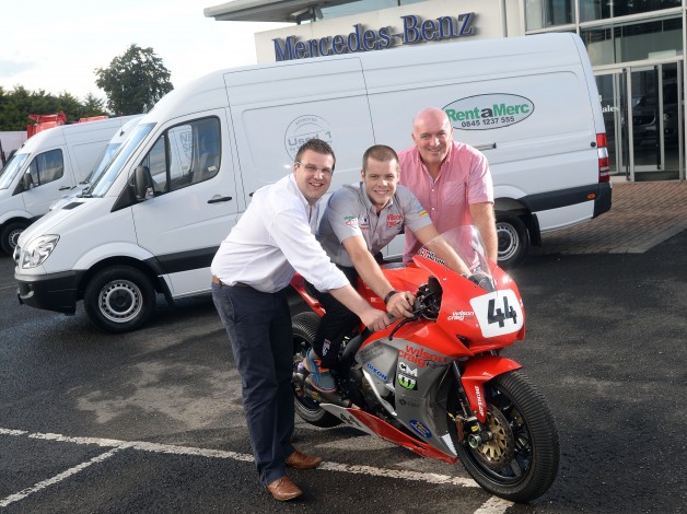 Road racer Jamie Hamilton is confident he can shake off the injuries he suffered in his crash at the Skerries 100 to mount a podium challenge at the Metzeler Ulster Grand Prix this August.  Jamie was speaking as Mercedes-Benz Truck & Van (NI) and RentaMerc announced they are the official van supplier to the Metzeler Ulster Grand Prix in 2014.  Pictured is Jamie Hamilton with Andrew Dickinson, Group Marketing Manager for Mercedes-Benz Truck & Van (NI) and RentaMerc and Noel Johnston, Clerk of the course at the Metzeler Ulster Grand Prix.