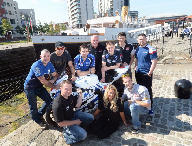 Some of the biggest names and brightest talents in real road racing have come together on board the SS Nomadic, Belfast to launch the 2014 Metzeler Ulster Grand Prix and give fans an exciting preview of this year’s event.  Pictured at the event are top road racers Paul Owen, Peter Hickman, William Dunlop, Dean Harrison, Dan Kneen, Michael Dunlop, Stephen Thompson and Jamie Hamilton with Clerk of the Course Noel Johnston and UGP grid girl Sorrel Flack.