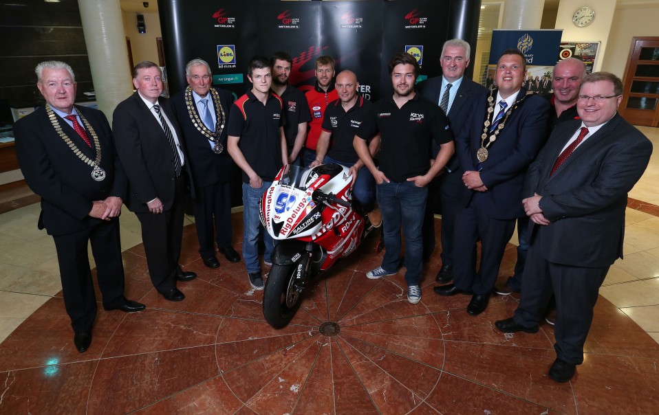 Pictured at the Lisburn Launch of the 2014 Ulster Grand Prix are: (l-r) Gareth Keys; Ian Hutchinson; the Mayor of Lisburn, Councillor Andrew Ewing; Noel Johnson, Clerk of the Course; Keith Amor and Alderman Paul Porter, Chairman of the Council's Leisure Services Committee. Picture by Brian Thompson/Presseye